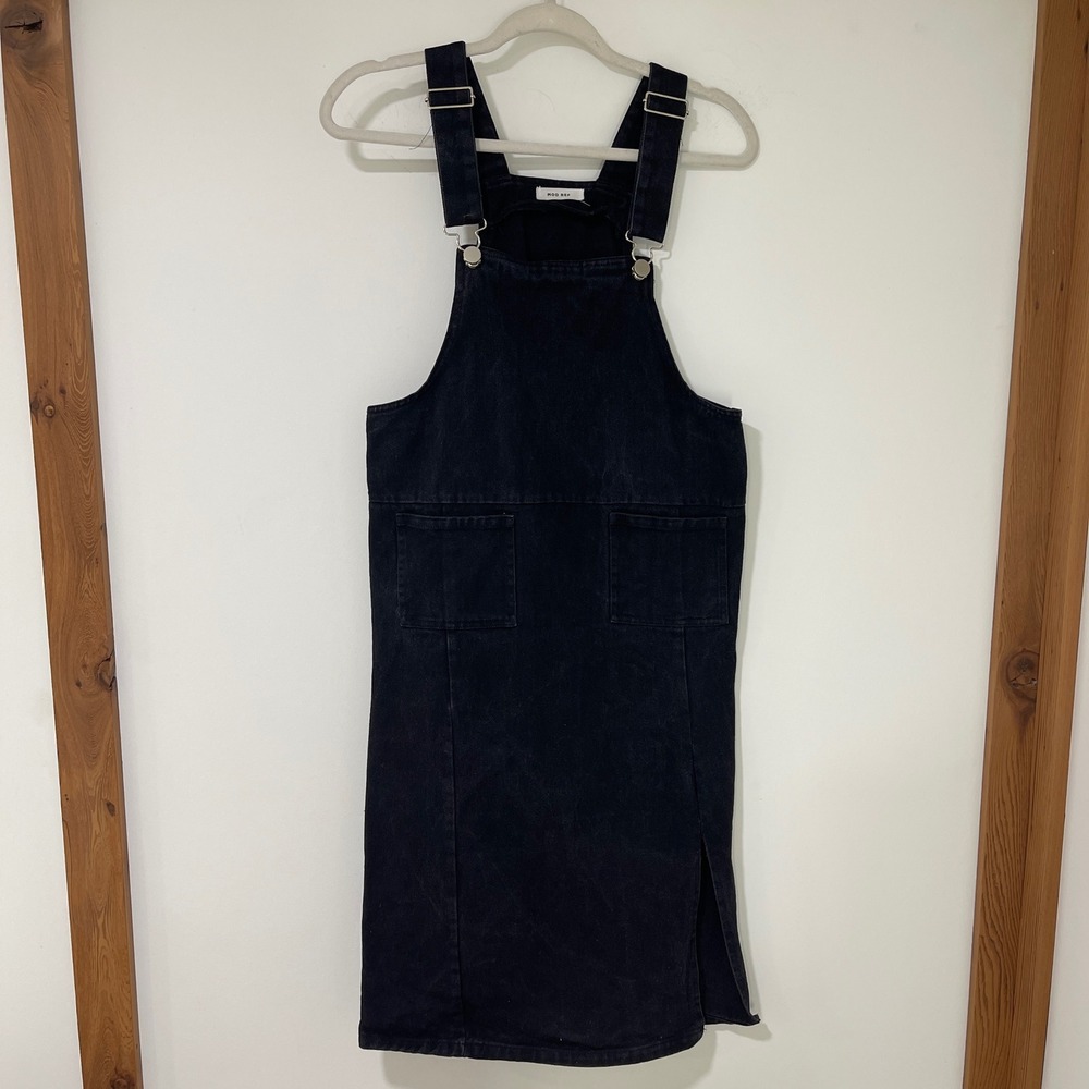 MOD REF Black Denim Pinafore Overall Dress‎ Womens Size M Midi Side Slit Cotton